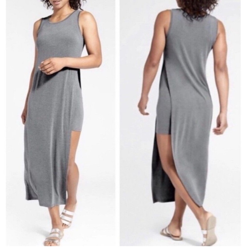 Athleta Gaia Layered Maxi Dress S Heather Gray Lounge Yoga Side Slit Sleeveless